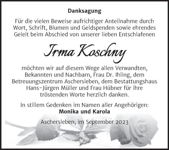 Traueranzeige von Irma Koschny von Trauerkombi Aschersleben