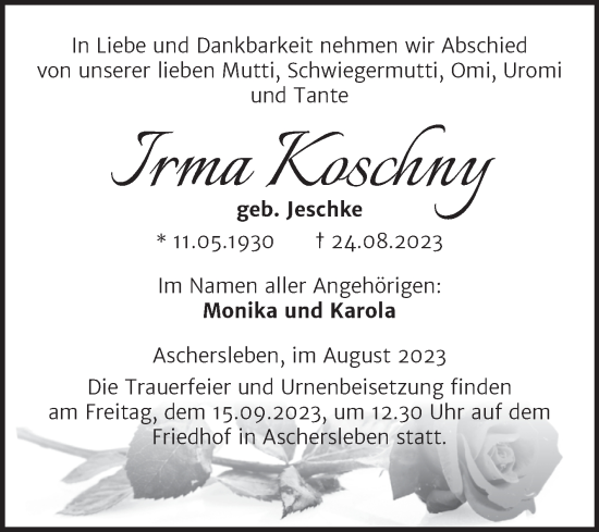 Traueranzeige von Irma Koschny von Trauerkombi Aschersleben
