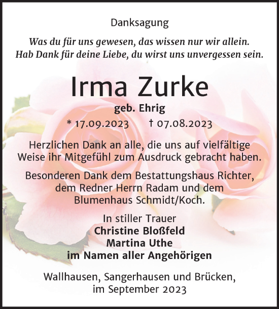 Traueranzeige von Irma Zurke von Trauerkombi Sangerhausen