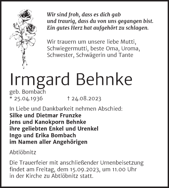 Traueranzeige von Irmgard Behnke von Naumburger Tageblatt
