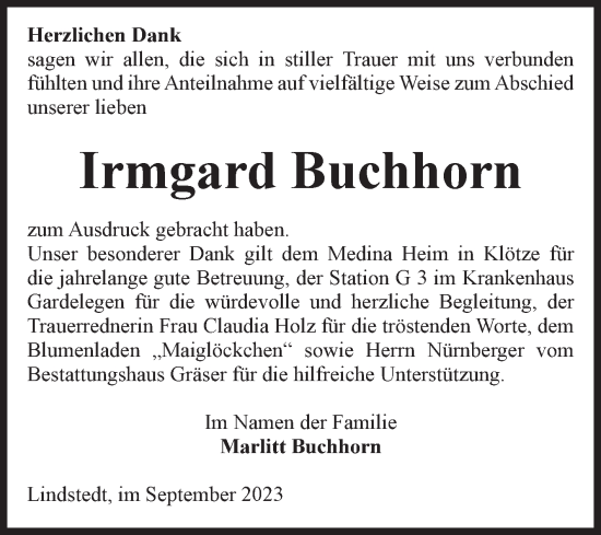Traueranzeige von Irmgard Buchhorn von Volksstimme Altmark West