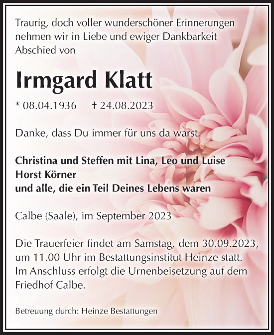 Traueranzeige von Irmgard Klatt von Volksstimme Schönebeck
