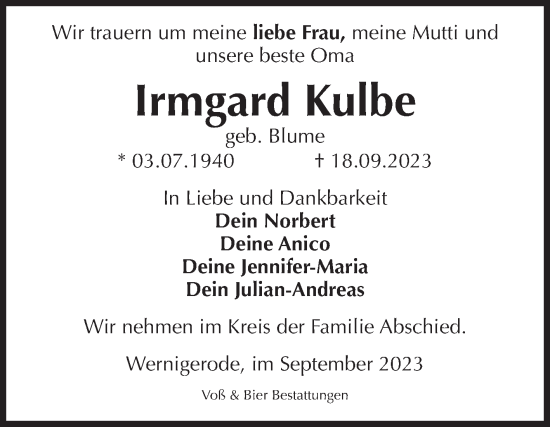 Traueranzeige von Irmgard Kulbe von Volksstimme Wernigerode