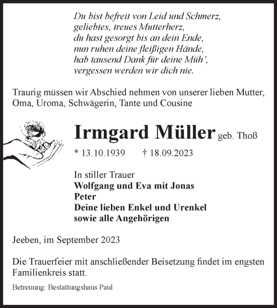 Traueranzeige von Irmgard Müller von Volksstimme Altmark West