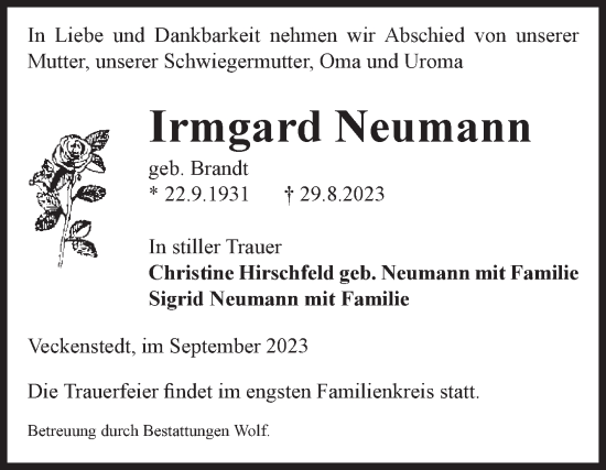 Traueranzeige von Irmgard Neumann von Volksstimme Wernigerode