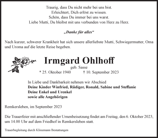 Traueranzeige von Irmgard Ohlhoff von Volksstimme Oschersleben/Wanzleben
