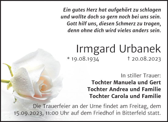 Traueranzeige von Irmgard Urbanek von Trauerkombi Bitterfeld