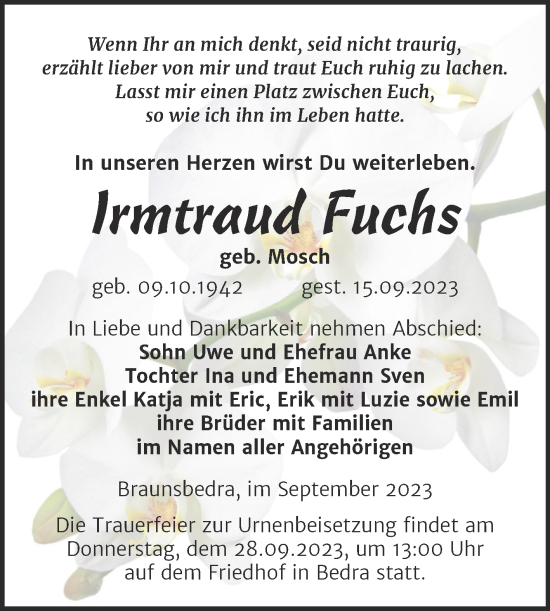 Traueranzeige von Irmtraud Fuchs von Trauerkombi Merseburg