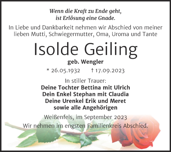Traueranzeige von Isolde Geiling von Trauerkombi Weißenfels