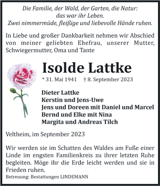 Traueranzeige von Isolde Lattke von Volksstimme Halberstadt
