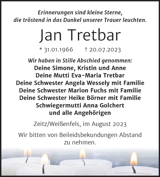 Traueranzeige von Jan Tretbar von Trauerkombi Zeitz