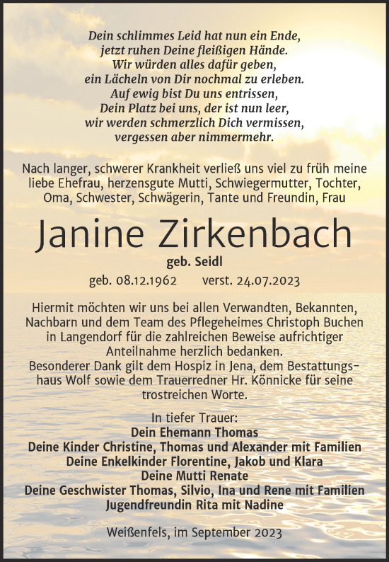 Traueranzeige von Janine Zirkenbach von Trauerkombi Weißenfels
