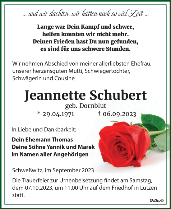 Traueranzeige von Jeannette Schubert von Trauerkombi Weißenfels