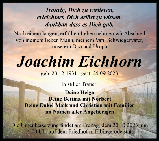 Traueranzeige von Joachim Eichhorn von Volksstimme Wernigerode