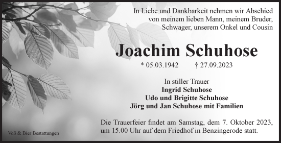 Traueranzeige von Joachim Schuhose von Volksstimme Wernigerode