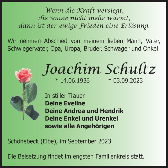 Traueranzeige von Joachim Schultz von Volksstimme Schönebeck