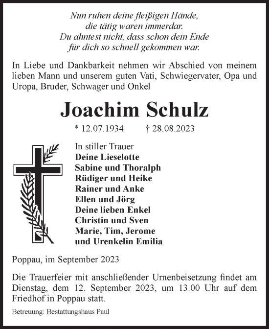 Traueranzeige von Joachim Schulz von Volksstimme Altmark West