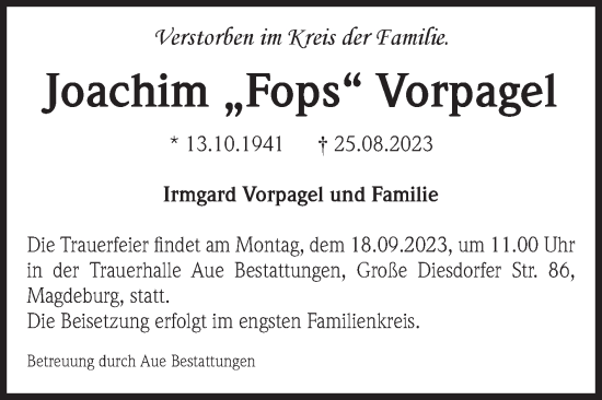 Traueranzeige von Joachim Vorpagel von Volksstimme Magdeburg