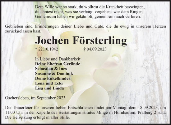 Traueranzeige von Jochen Försterling von Volksstimme Oschersleben/Wanzleben