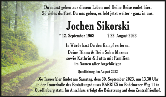 Traueranzeige von Jochen Sikorski von Trauerkombi Quedlinburg
