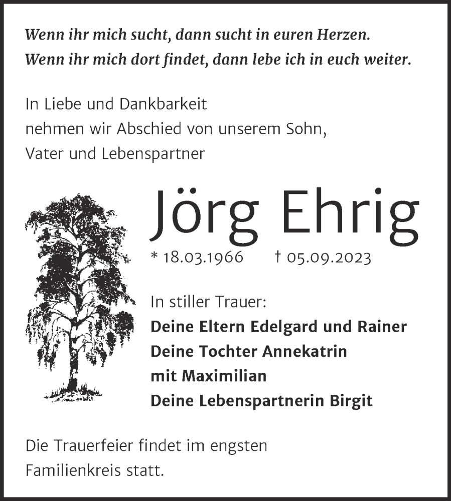  Traueranzeige für Jörg Ehrig vom 16.09.2023 aus Trauerkombi Mansfelder Land