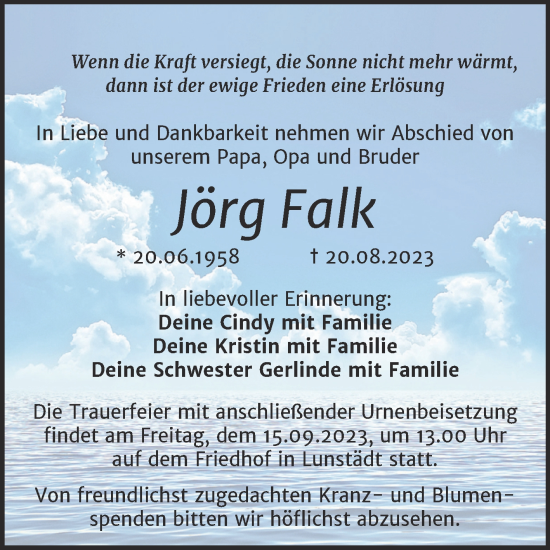 Traueranzeige von Jörg Falk von Trauerkombi Merseburg