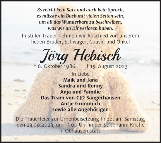 Traueranzeige von Jörg Hebisch von Trauerkombi Merseburg