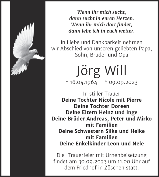 Traueranzeige von Jörg Will von Trauerkombi Merseburg
