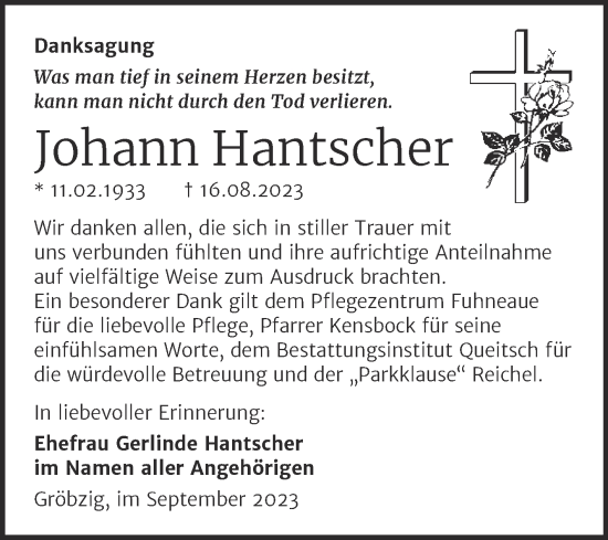 Traueranzeige von Johann Hantscher von Trauerkombi Köthen
