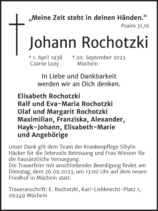Traueranzeige von Johann Rochotzki von Trauerkombi Merseburg