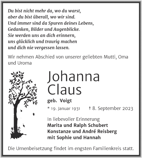 Traueranzeige von Johanna Claus von Mitteldeutsche Zeitung Halle/Saalkreis