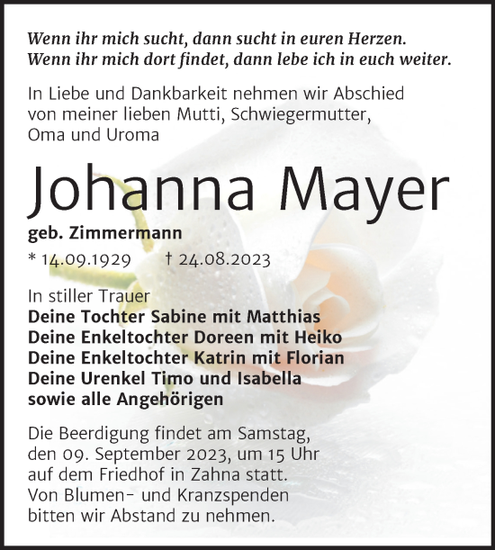 Traueranzeige von Johanna Mayer von Trauerkombi Wittenberg