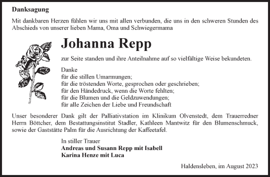 Traueranzeige von Johanna Repp von Volksstimme Haldensleben/Wolmirstedt