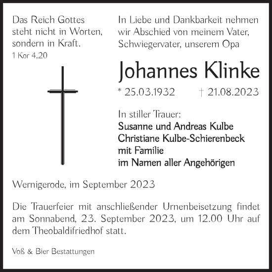 Traueranzeige von Johannes Klinke von Volksstimme Wernigerode
