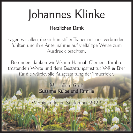 Traueranzeige von Johannes Klinke von Volksstimme Wernigerode