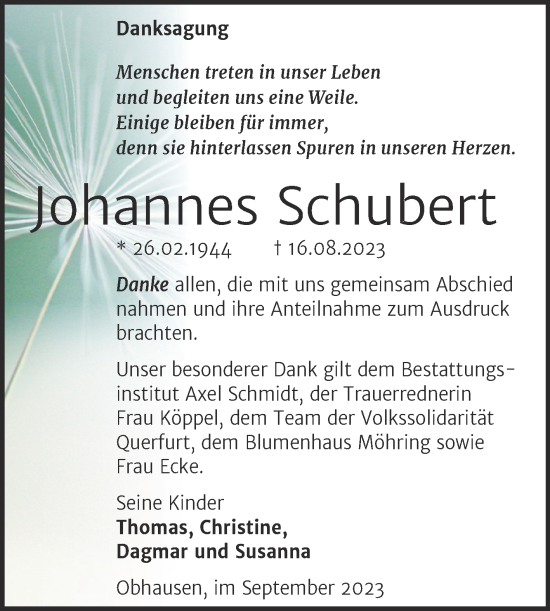 Traueranzeige von Johannes Schubert von Trauerkombi Merseburg