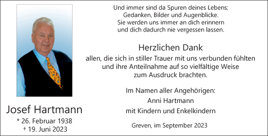 Traueranzeige von Josef Hartmann von Volksstimme Burg/Genthin