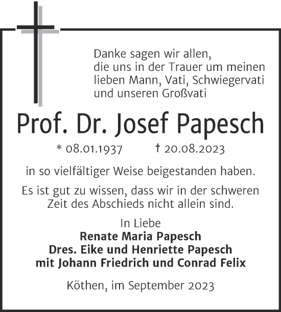 Traueranzeige von Josef Papesch von Trauerkombi Köthen