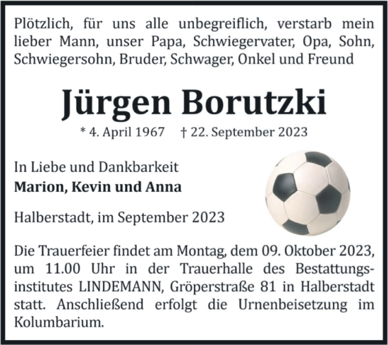 Traueranzeige von Jürgen Borutzki von Volksstimme Halberstadt