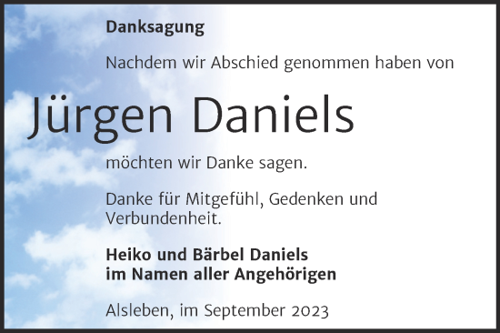 Traueranzeige von Jürgen Daniels von Trauerkombi Bernburg