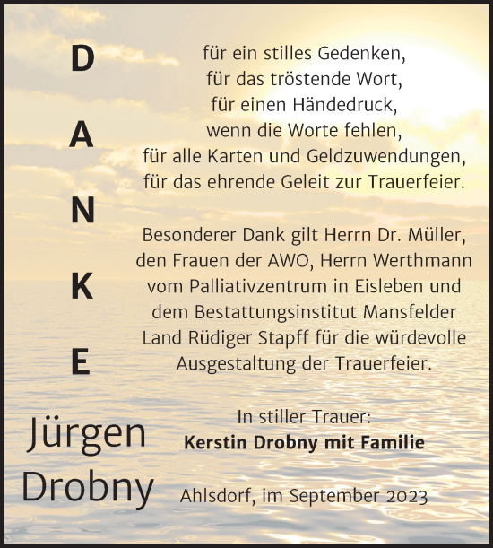 Traueranzeige von Jürgen Drobny von Trauerkombi Mansfelder Land