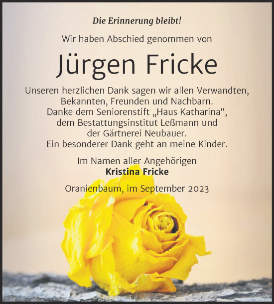 Traueranzeige von Jürgen Fricke von Trauerkombi Wittenberg