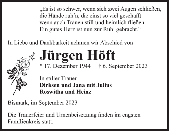 Traueranzeige von Jürgen Höft von Volksstimme Altmark Ost
