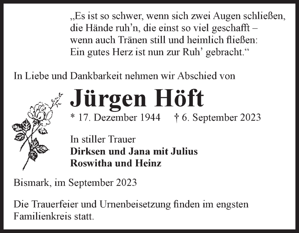  Traueranzeige für Jürgen Höft vom 09.09.2023 aus Volksstimme Altmark Ost