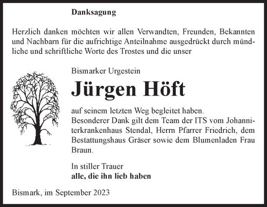 Traueranzeige von Jürgen Höft von Volksstimme Altmark Ost