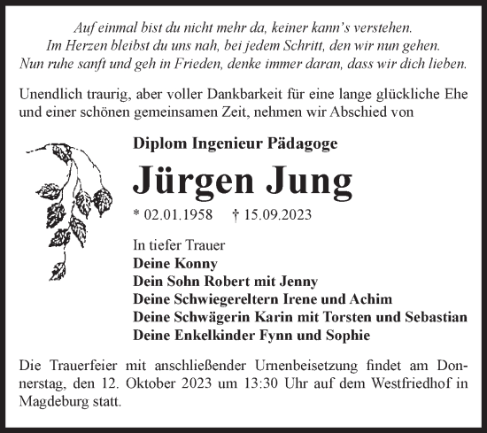 Traueranzeige von Jürgen Jung von Volksstimme Magdeburg