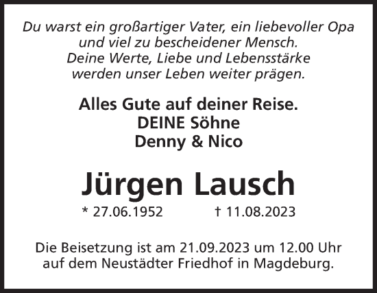 Traueranzeige von Jürgen Lausch von Volksstimme Magdeburg