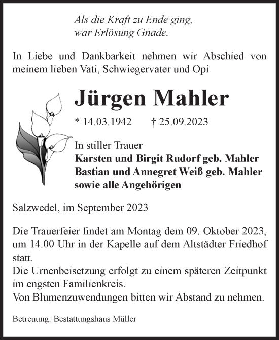 Traueranzeige von Jürgen Mahler von Volksstimme Altmark West