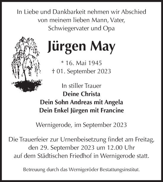 Traueranzeige von Jürgen May von Volksstimme Wernigerode