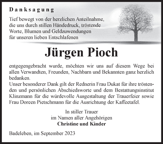 Traueranzeige von Jürgen Pioch von Volksstimme Oschersleben/Wanzleben